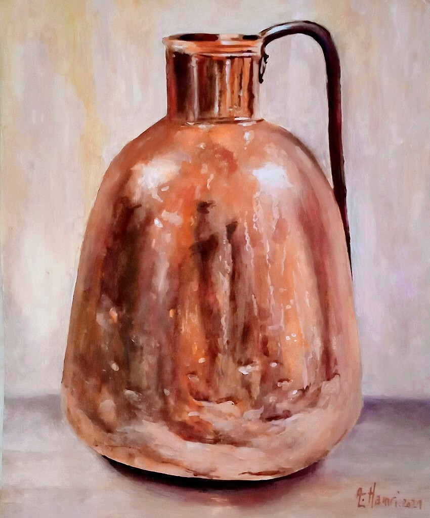 Peinture Cruche d'eau ancienne en cuivre.