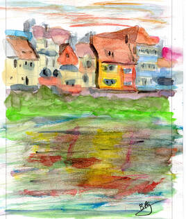 Argenton-sur-Creuse. Maisons à galeries .Aquarelle