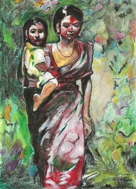 Femme portant son enfant au cou