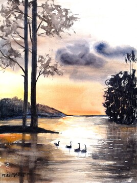 Promenade sur le lac au soleil couchant